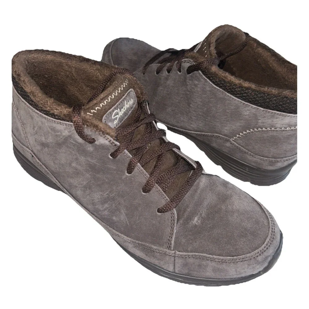 Skechers Seager Hi Women 9 Brown Leather Faux Fur Fleece Ankle Lace Up Boot